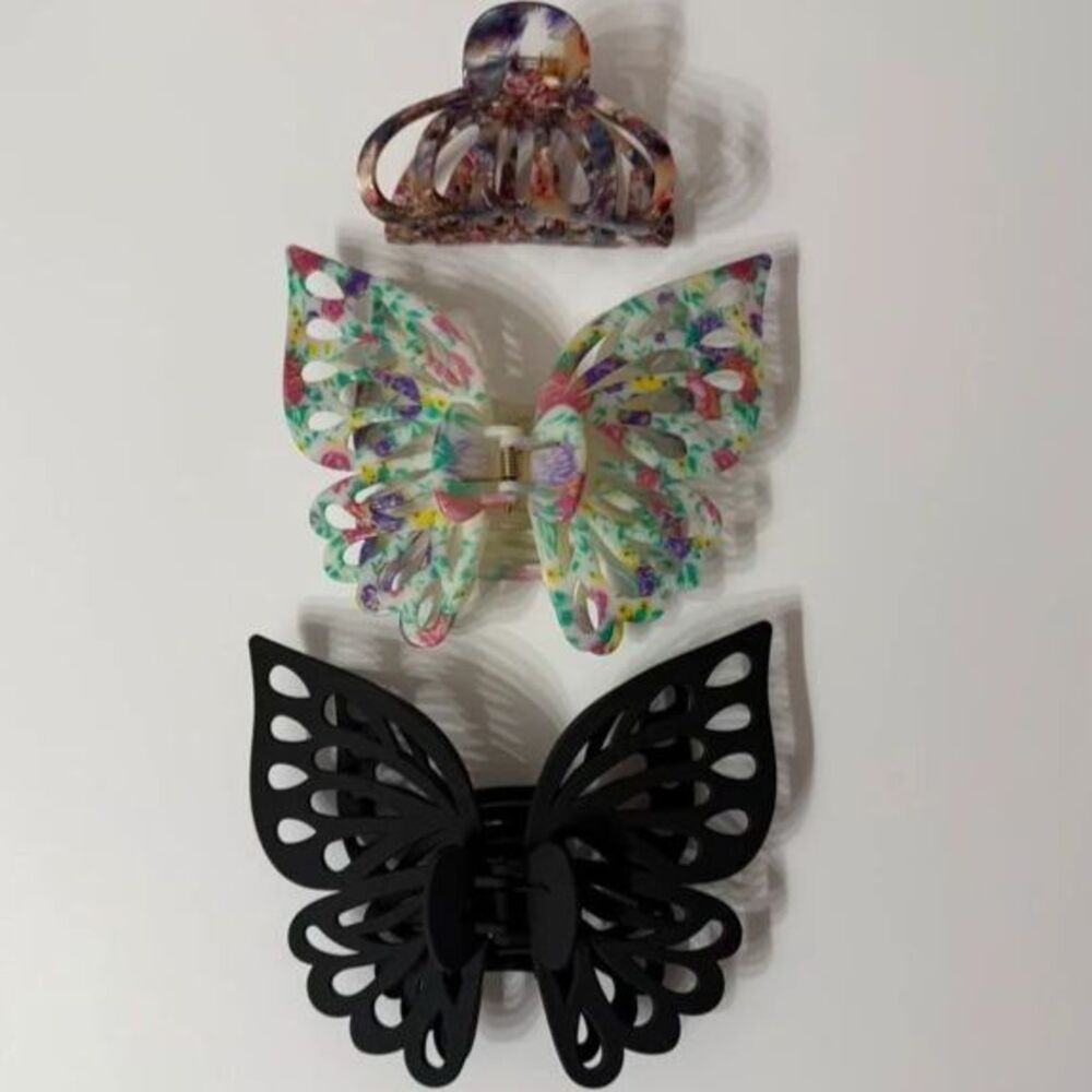 3-Piece Hair Claw Clip Set – Giant Butterfly Floral + Black